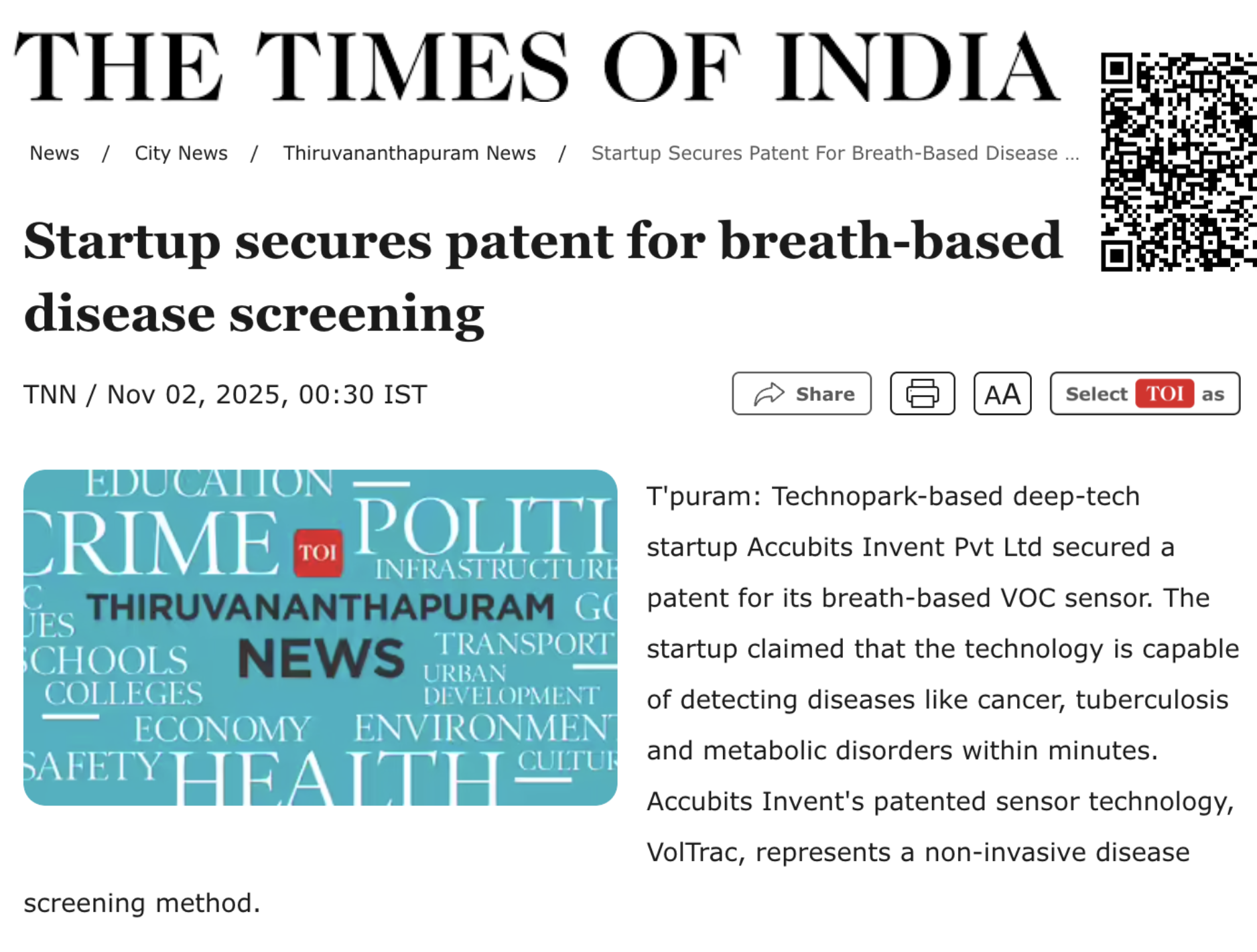 Times of India newspaper article featuring Accubits Invent's breath-based disease screening patent